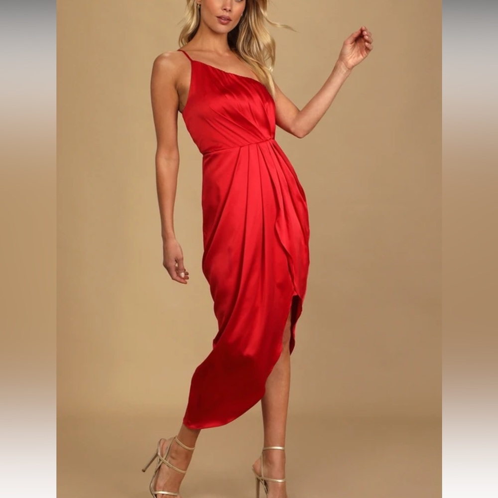 Law of Attraction Red Satin One-Shoulder Asymmetrical Midi Dress